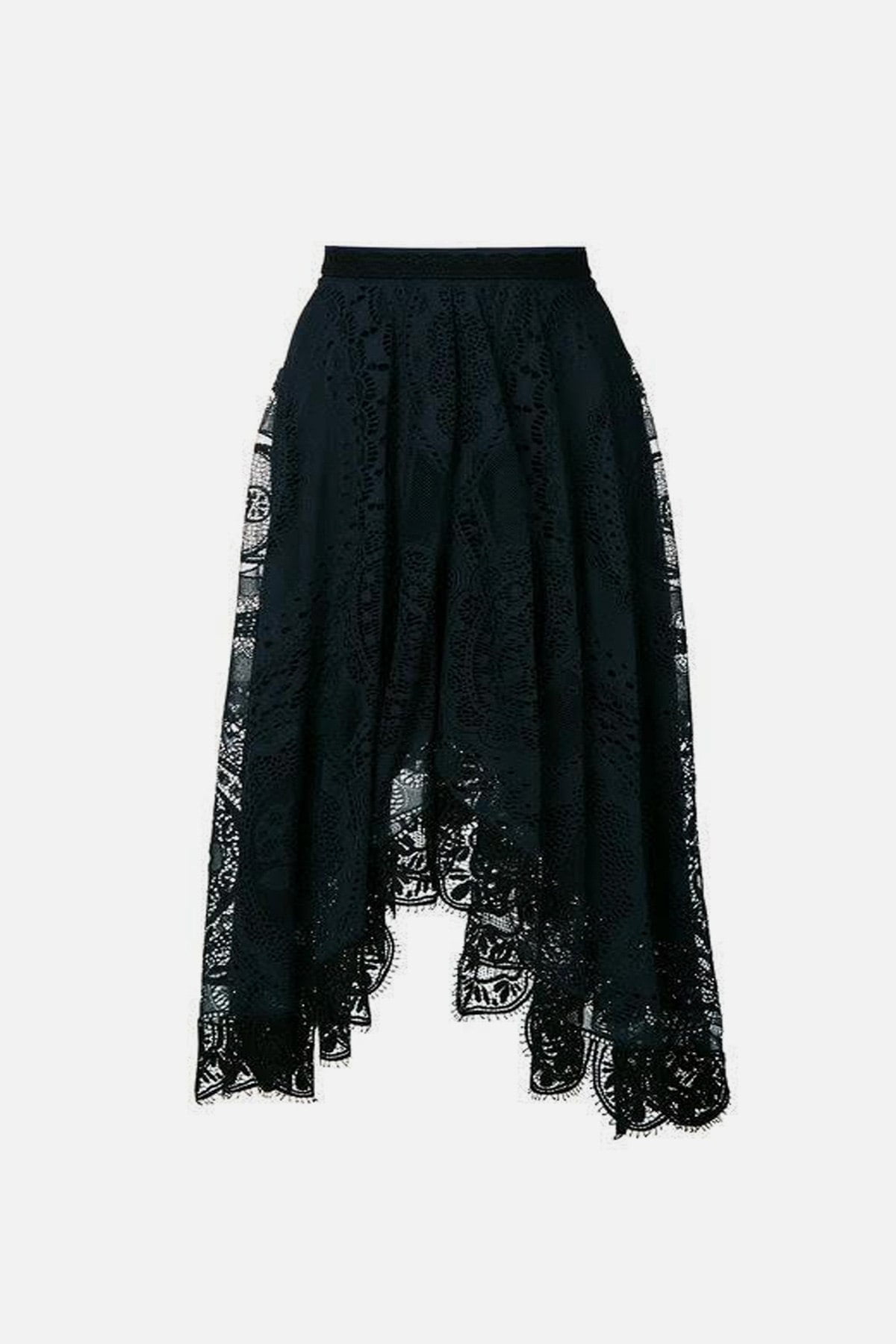 Asymmetric-hem lace cotton-blend skirt